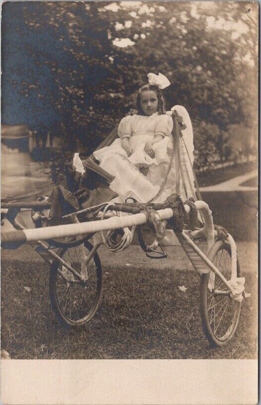 1910s Studio RPPC Photo Postcard Little Girl in Harness Racing Sulky Cart UNUSED