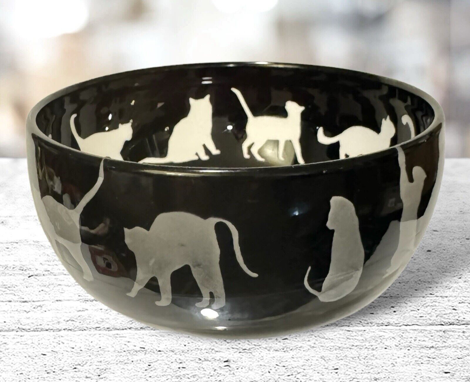 2006 Steven Correia Art Glass Bowl Black Amethyst Etched Cut Cats Signed Correia