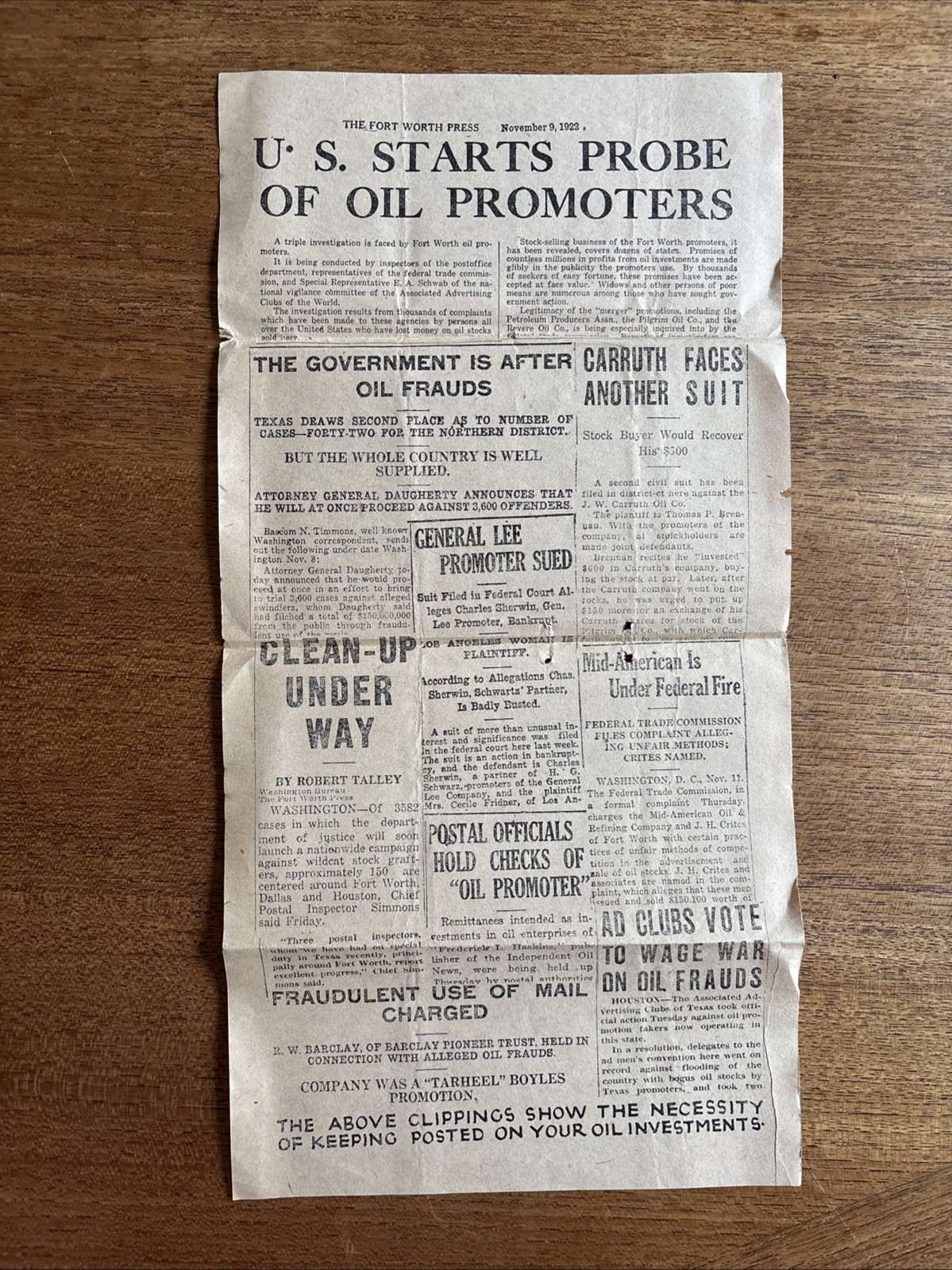 1922 Fort Worth Press Oil Fraud Investigation Newspaper Clipping Texas History
