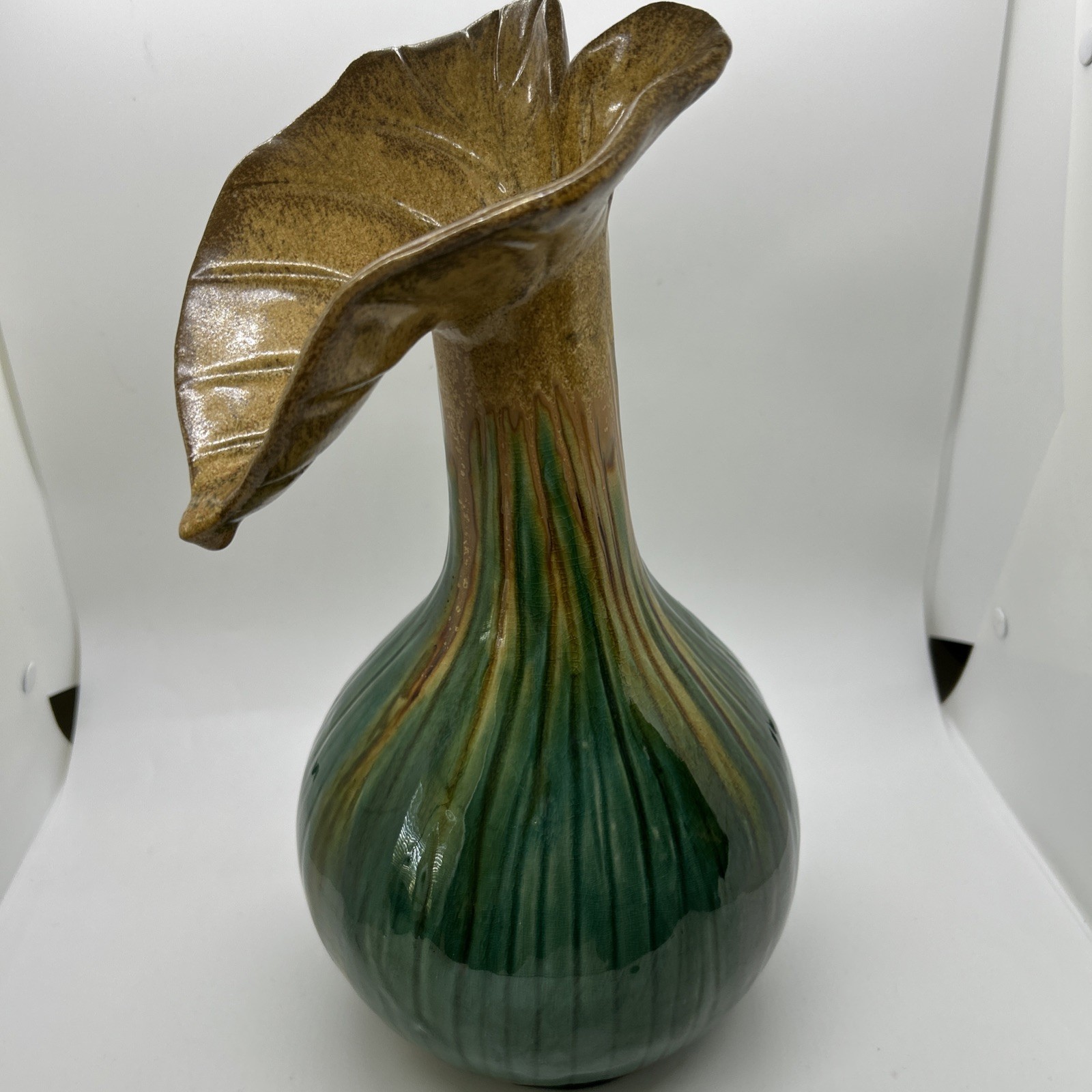 Unique Vintage Green/brown Bulbous Shape Striped Vase