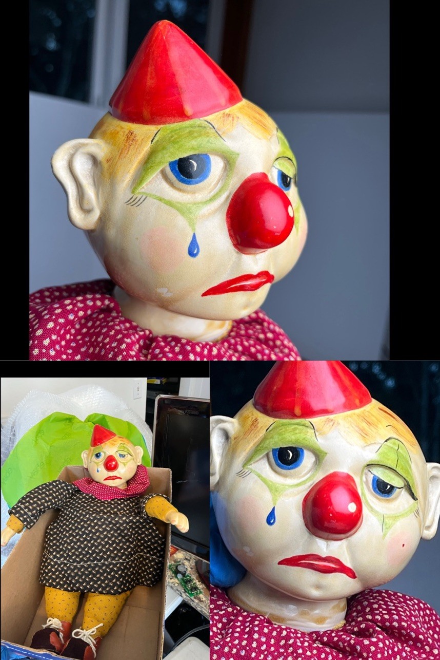 Vintage Sad Clown Doll Figure 18” inches Tall - Handmade Rare 60s 70s Unique Art