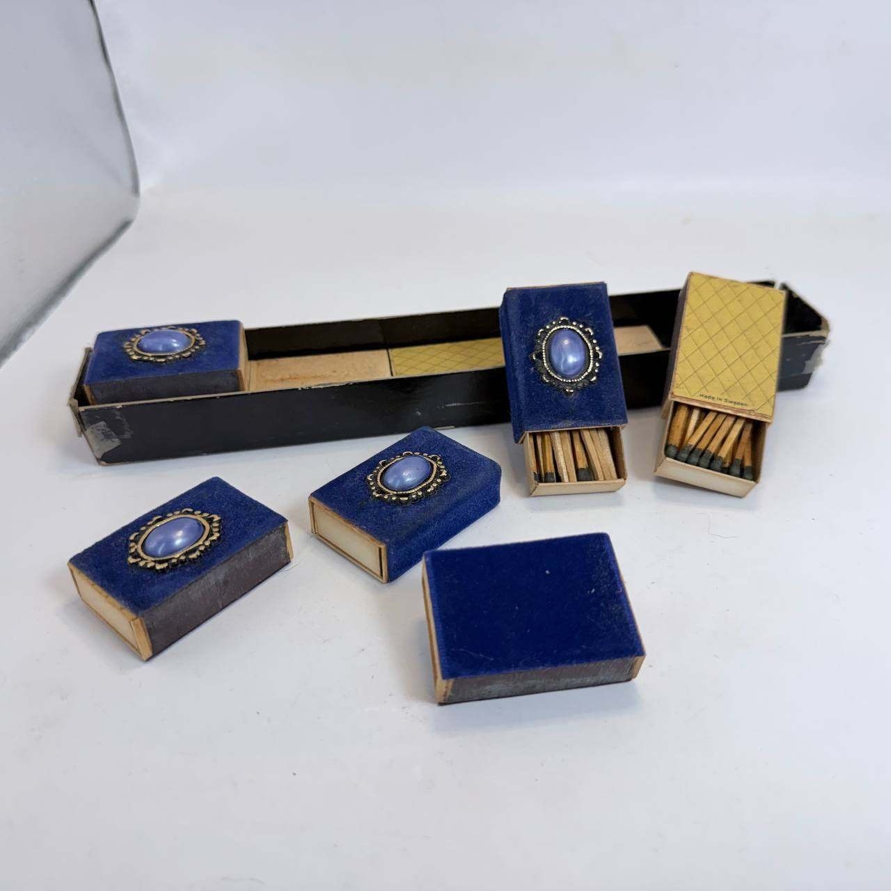 Vintage Velvet Matchbox Set 6pc Blue Cabochon Made in Sweden Mid Century Modern
