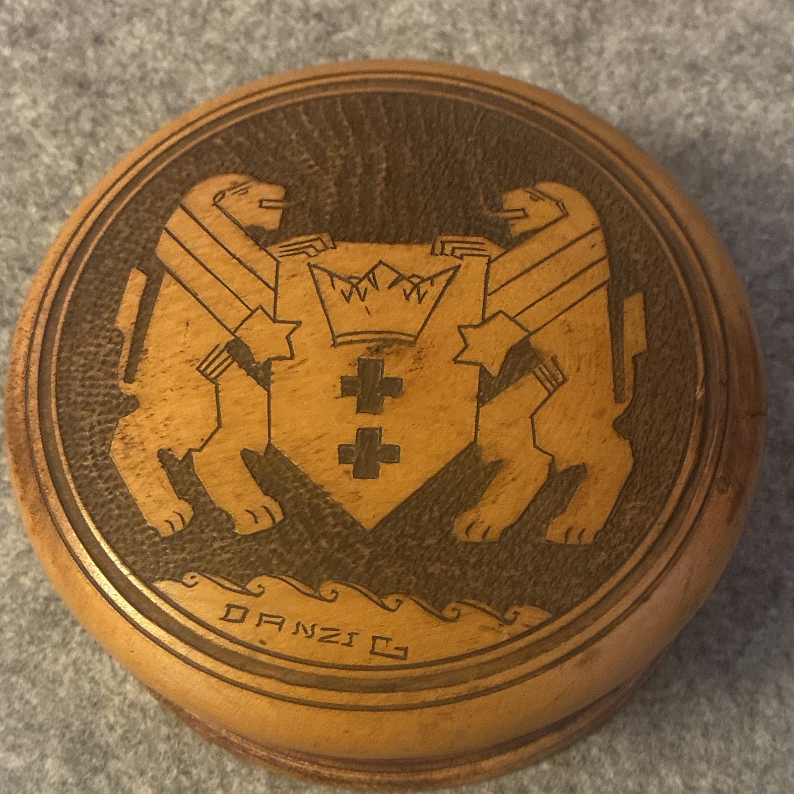 Vintage Danzig Gdansk Poland Turned Wood Trinket Box Coat of Arms Lions Vintage Danzig Gdansk Poland Turned Wood Trinket Box Coat of Arms Lions