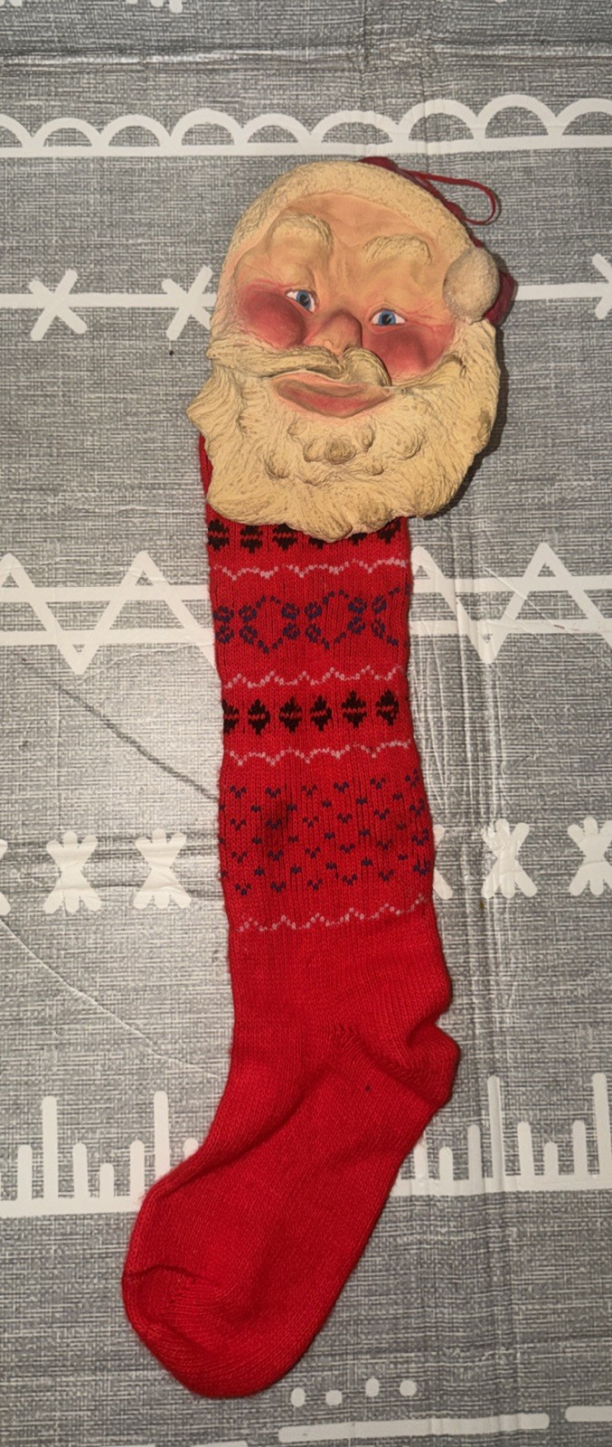 Vintage Santa Christmas Stocking w/ Rubber Santa Face (for Decoration Only)