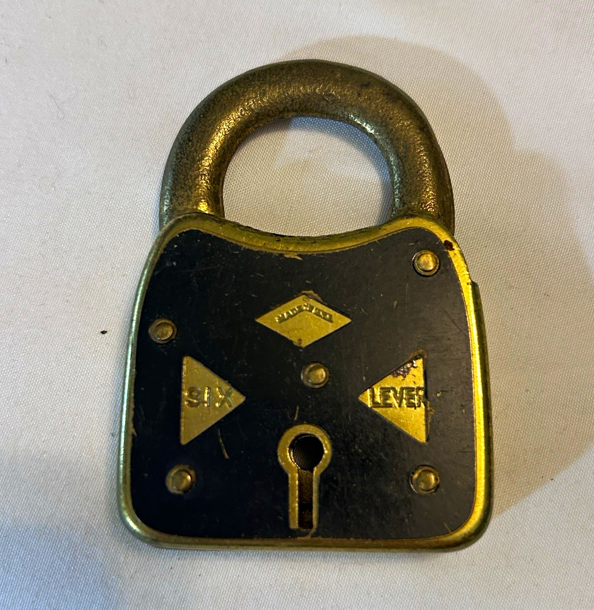 Vintage Brass Six Lever Padlock w/ Black Face Collectible Lock