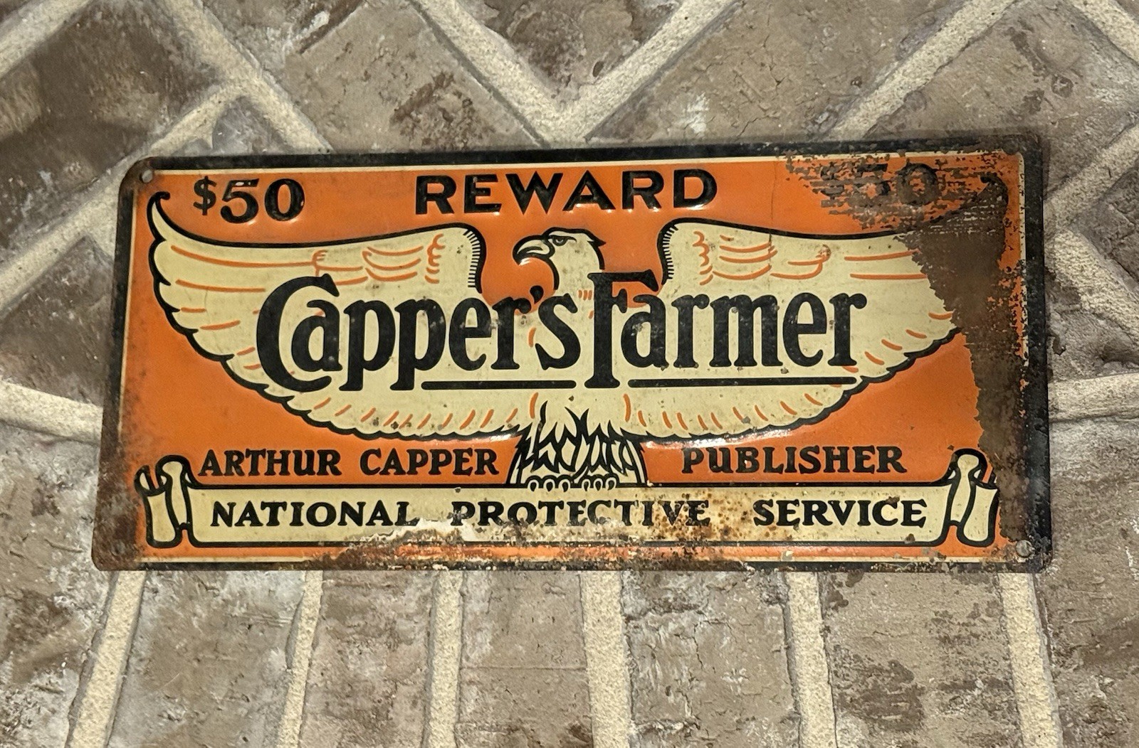 Vintage 1940s 50s Capper’s Farmer Reward Sign Emblazed Eagle