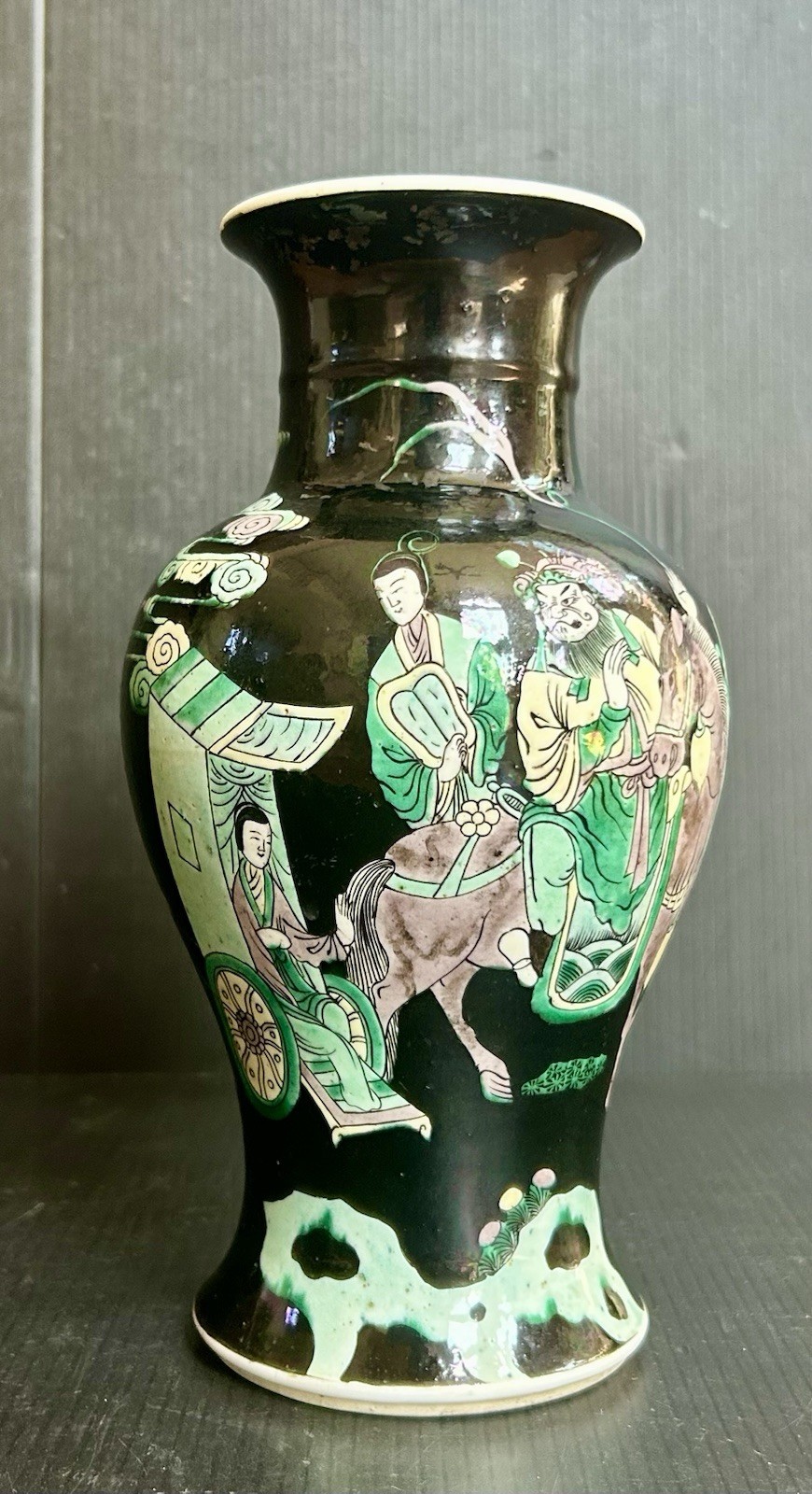 Antique/ VTG Chinese Ink Ground Famille Verte Vase Decorated With Figures