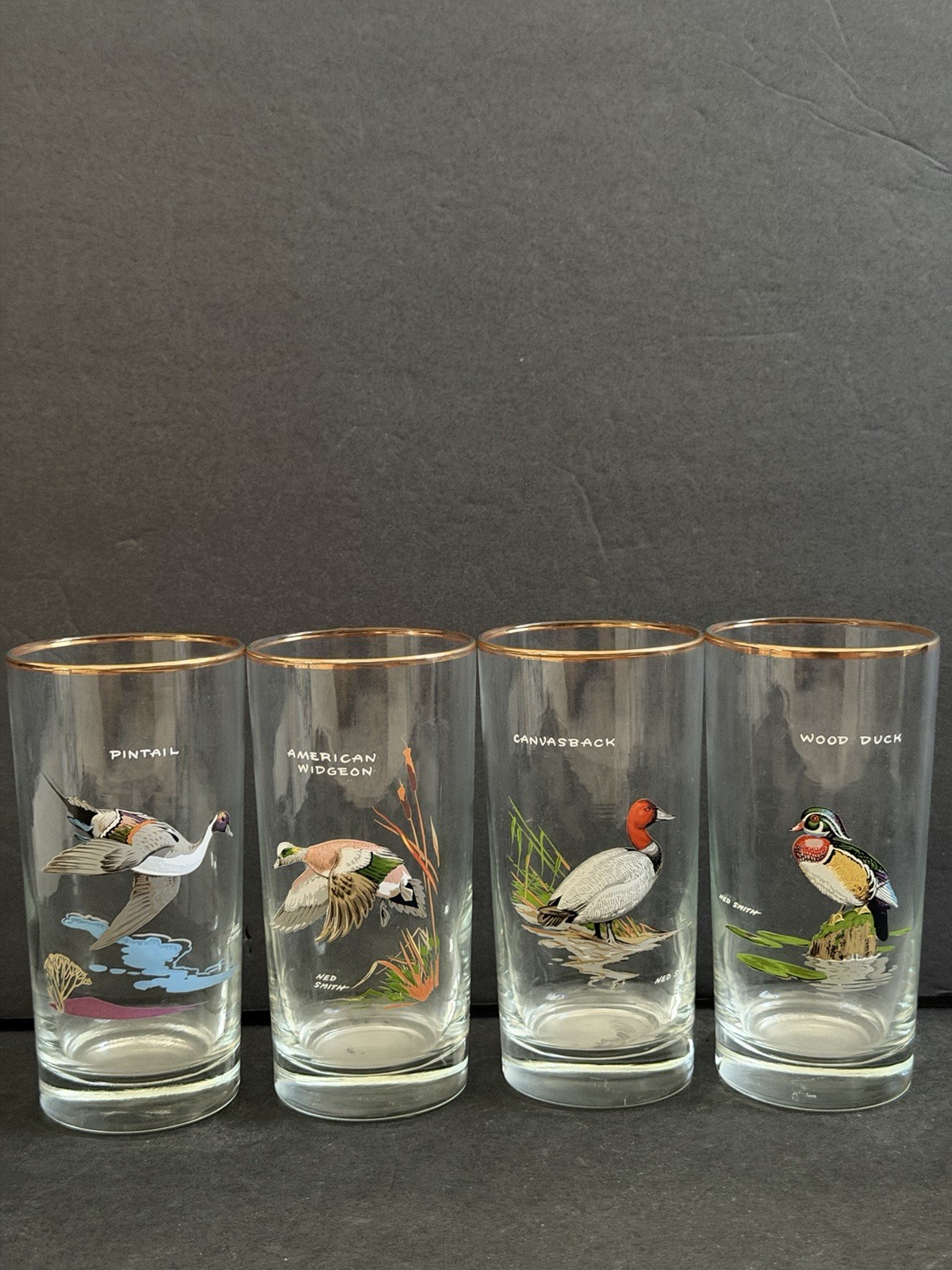 Ned Smith Lot of 4 Waterfowl Gamebirds 12 oz Glasses Optic with 22k Gold Rims Ned Smith Lot of 4 Waterfowl Gamebirds 12 oz Glasses Optic with 22k Gold Rims
