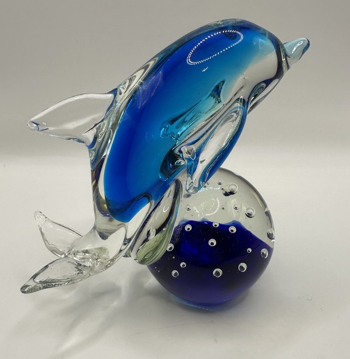 Art Glass Dolphin Paperweight Blue Figurine on Sphere with Bubbles Porpoise 4.5\