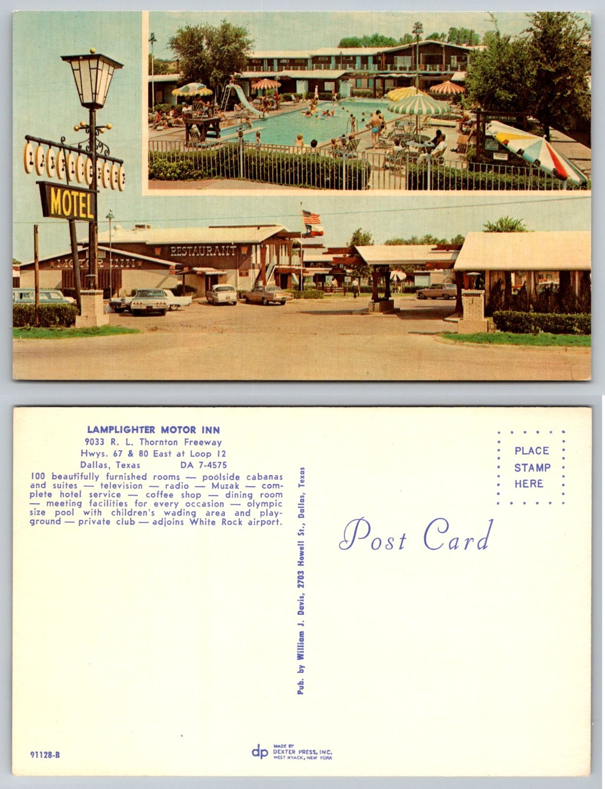 Lamplighter Motor Inn Dallas Texas Swimming Pool Restaurant Postcard