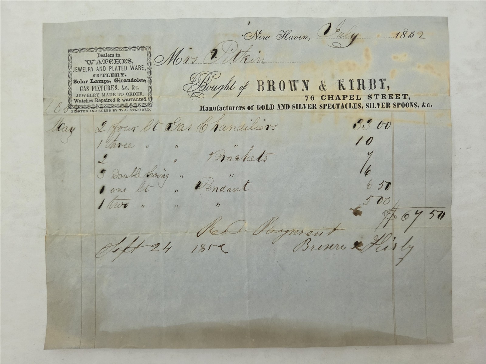 1852 antique BROWN & KIRBY new haven ct RECEIPT GAS CHANDELIER LIGHTS cutlery