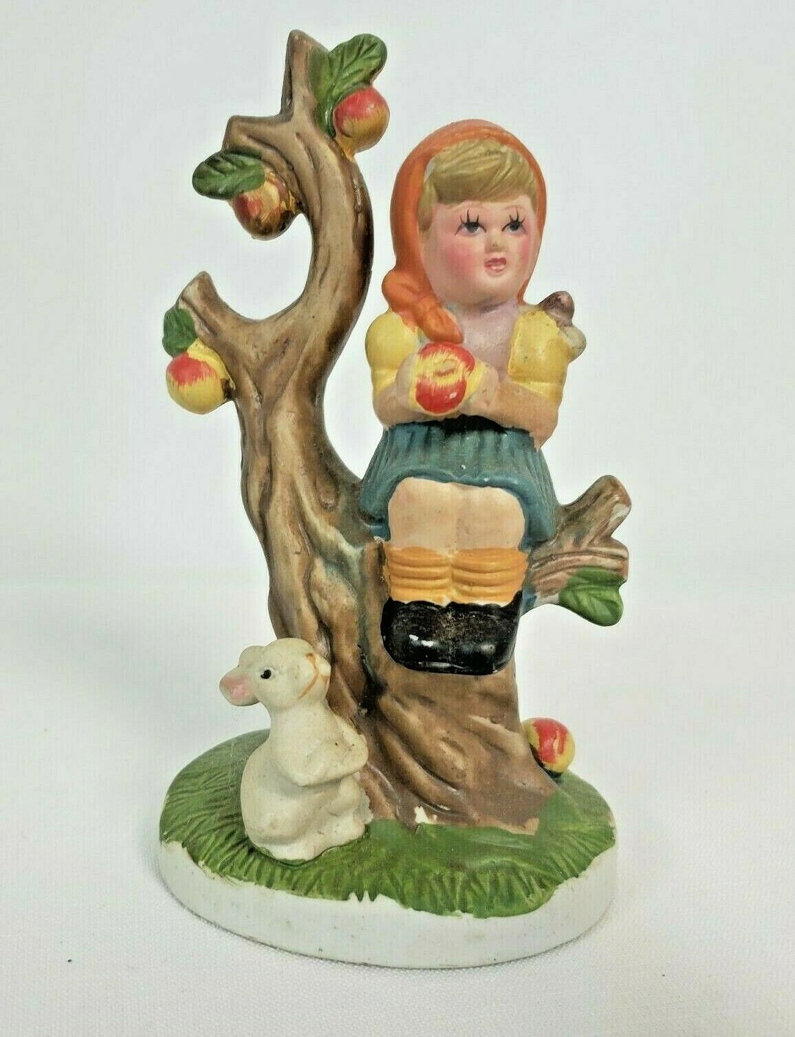 Girl in apple tree figurine with rabbit ceramic vintage hummel look