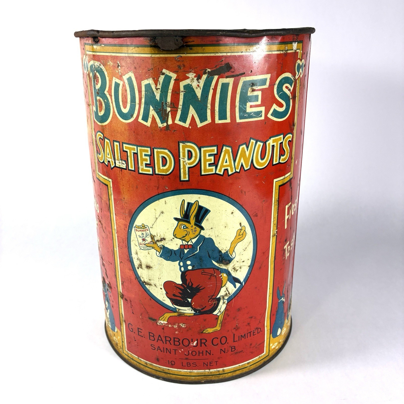 Antique 'Bunnies' Salted Peanuts 10 lb Adv. Lg. Tin Can Country Store Vtg Rare