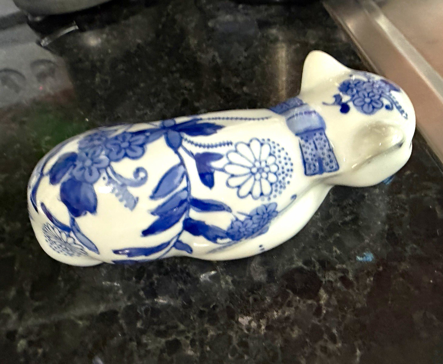 Seymour Mann Blue & White Floral Porcelain Cat Figurine, China Blue