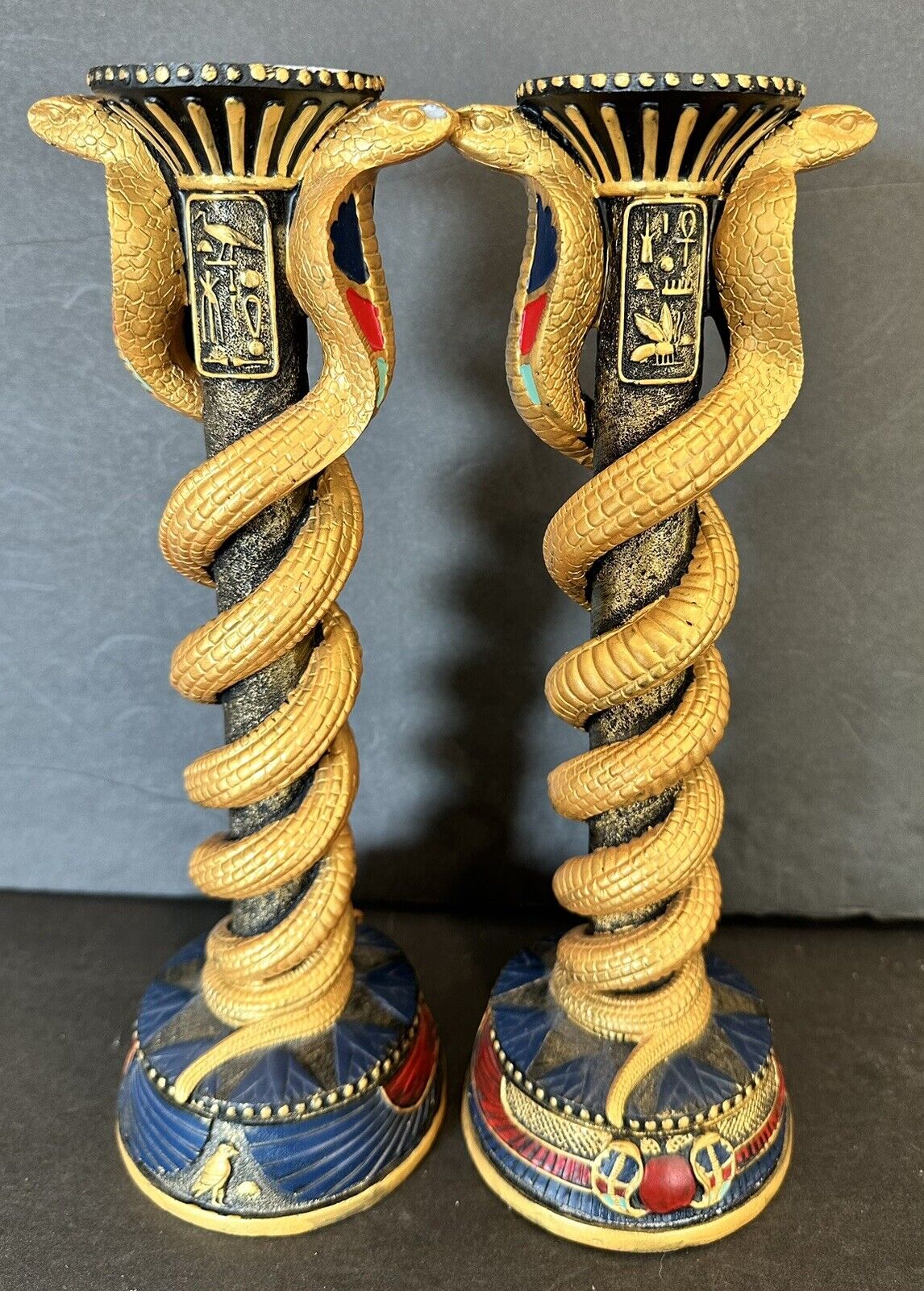 Design Toscano  Pair candlesticks Egyptian cobras Snakes unique piece 11”