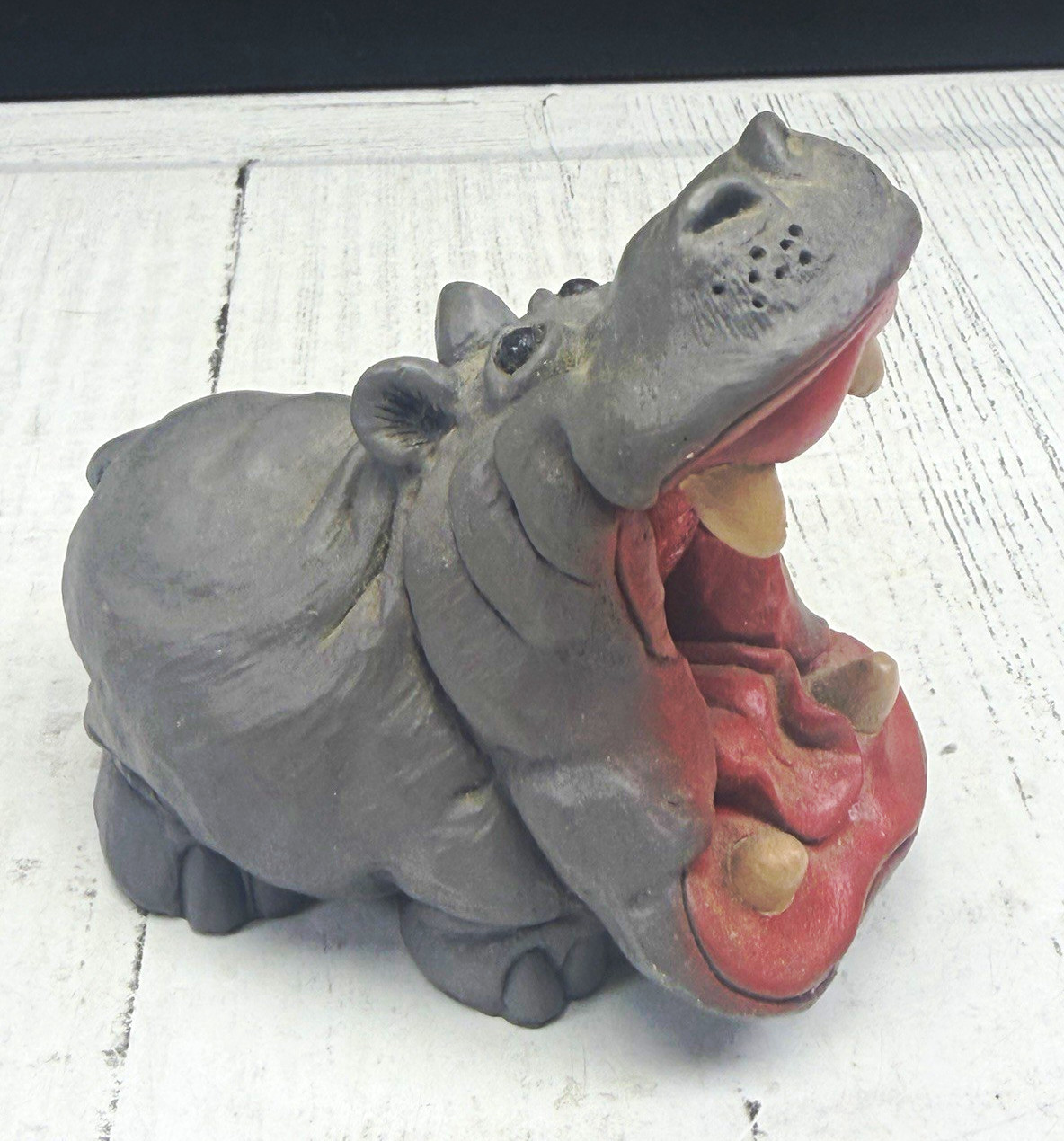 Gray Hippopotamus Figurine Open Mouth Yawning Hippo Marked 1992 Gray Hippopotamus Figurine Open Mouth Yawning Hippo Marked 1992