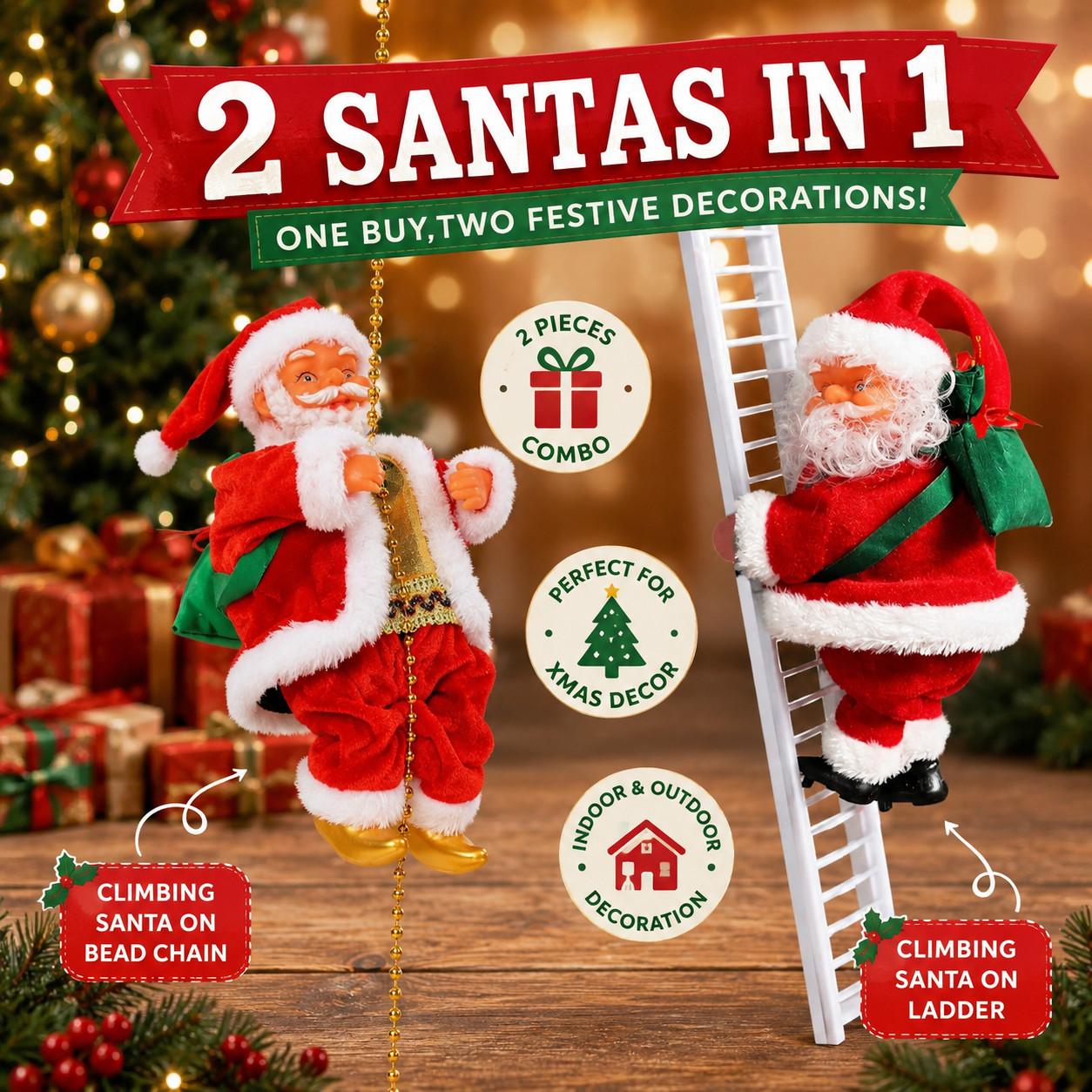 Set of  2 Animated Climbing Santa Music Rope Chain Ladder Christmas Decorations
