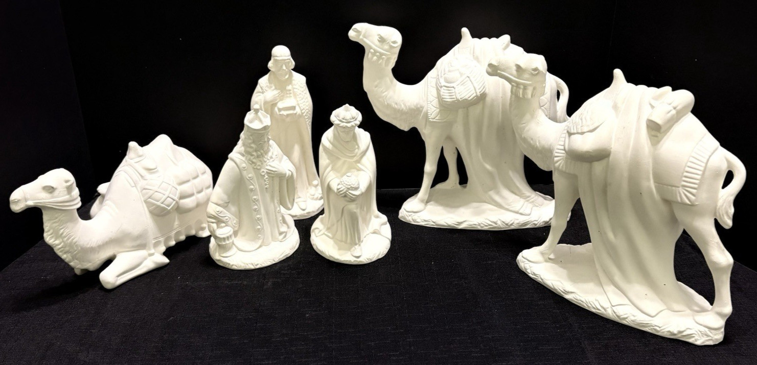 6-Pc Holland Mold Ready To Paint Bisque Ceramic Wise Men-Camels-Nativity 60s/70s