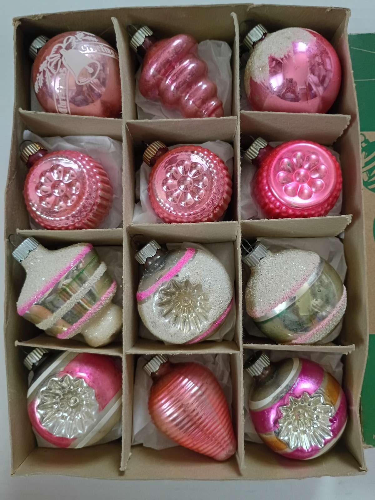 Vintage Shiny Brite Pink Bumpy Indent Mica UFO Tornado Glass Christmas Ornaments