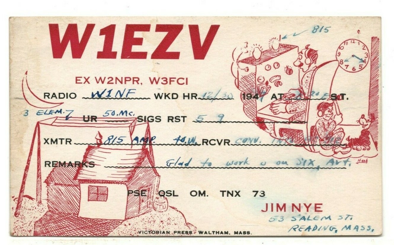 1947 Comic Art QSL: W1EZV – Jim Nye – Reading MA – a/s: “Herk” - Victorian Press