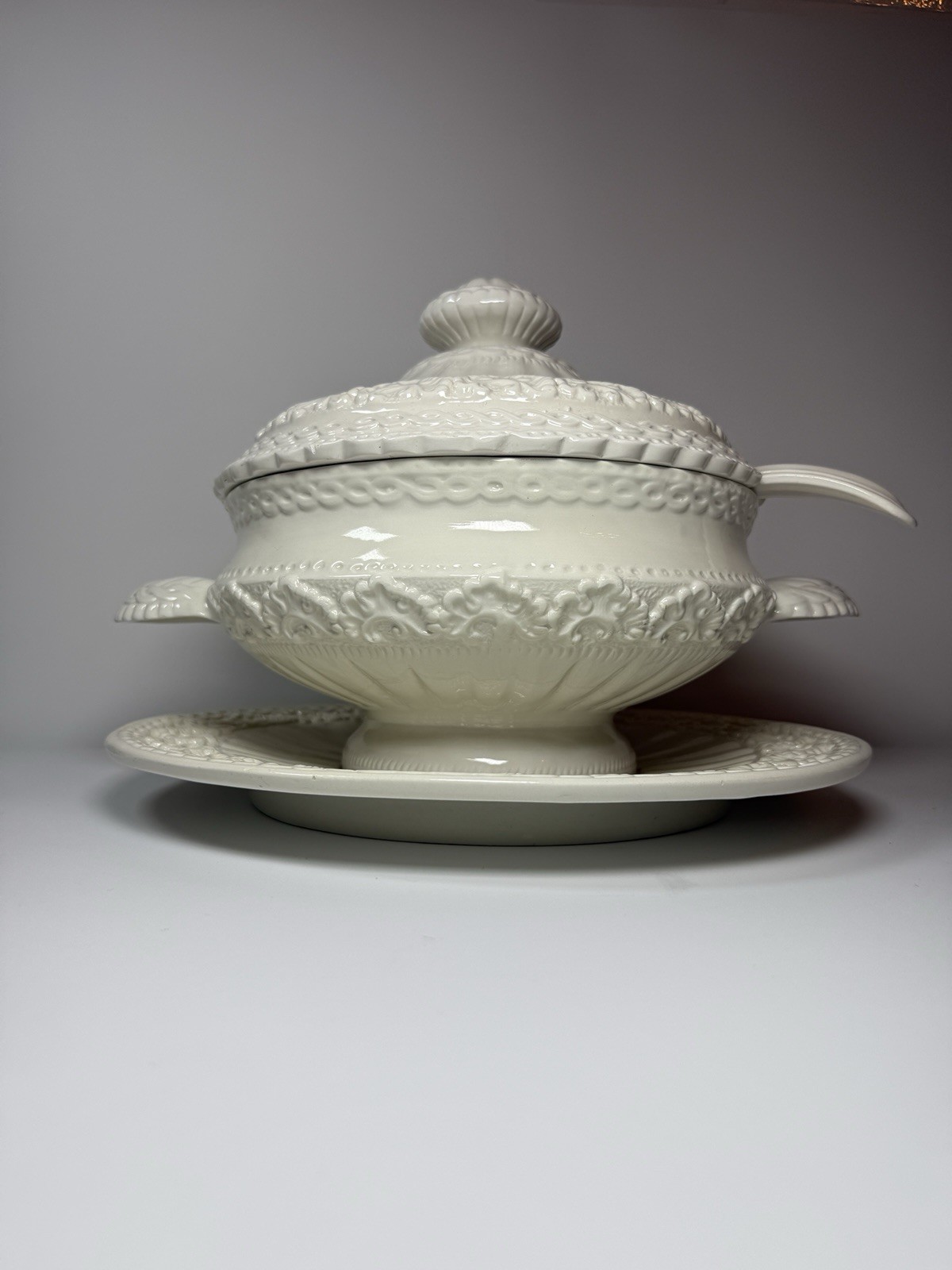 Large Vintage Italian Rococo Revival Capodimonte Style Tureen w/ Ladle & Plate