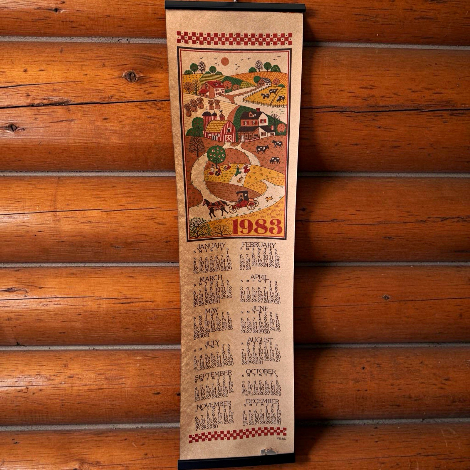 Vintage 1983 Country Farm Felt Scroll Wall Calendar Amish Horse Buggy Hanging