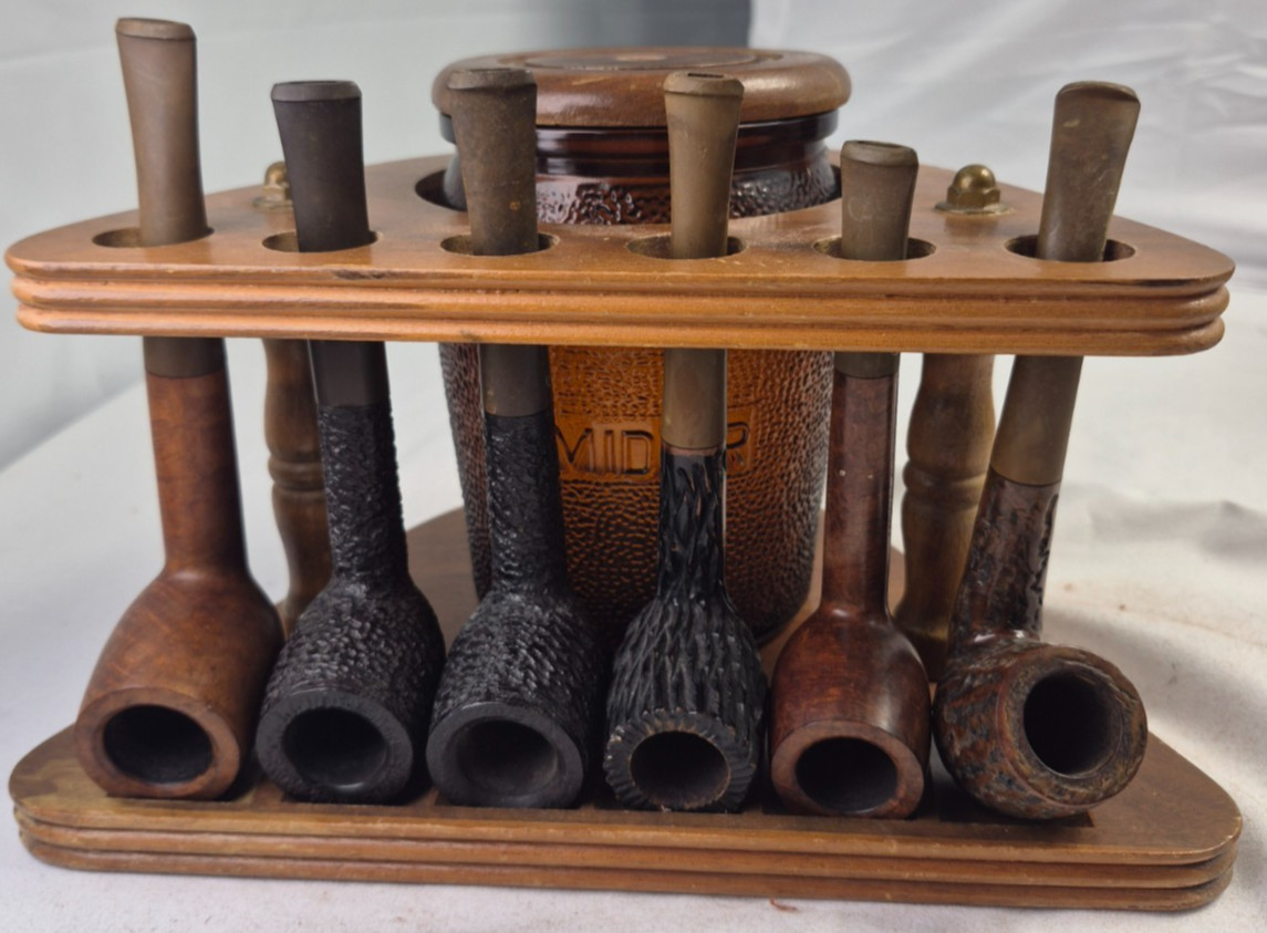 VTG Dun-Rite Wood Nov Inc 6 Pipes & Stand Amber Glass Humidor Rack Stand Holder