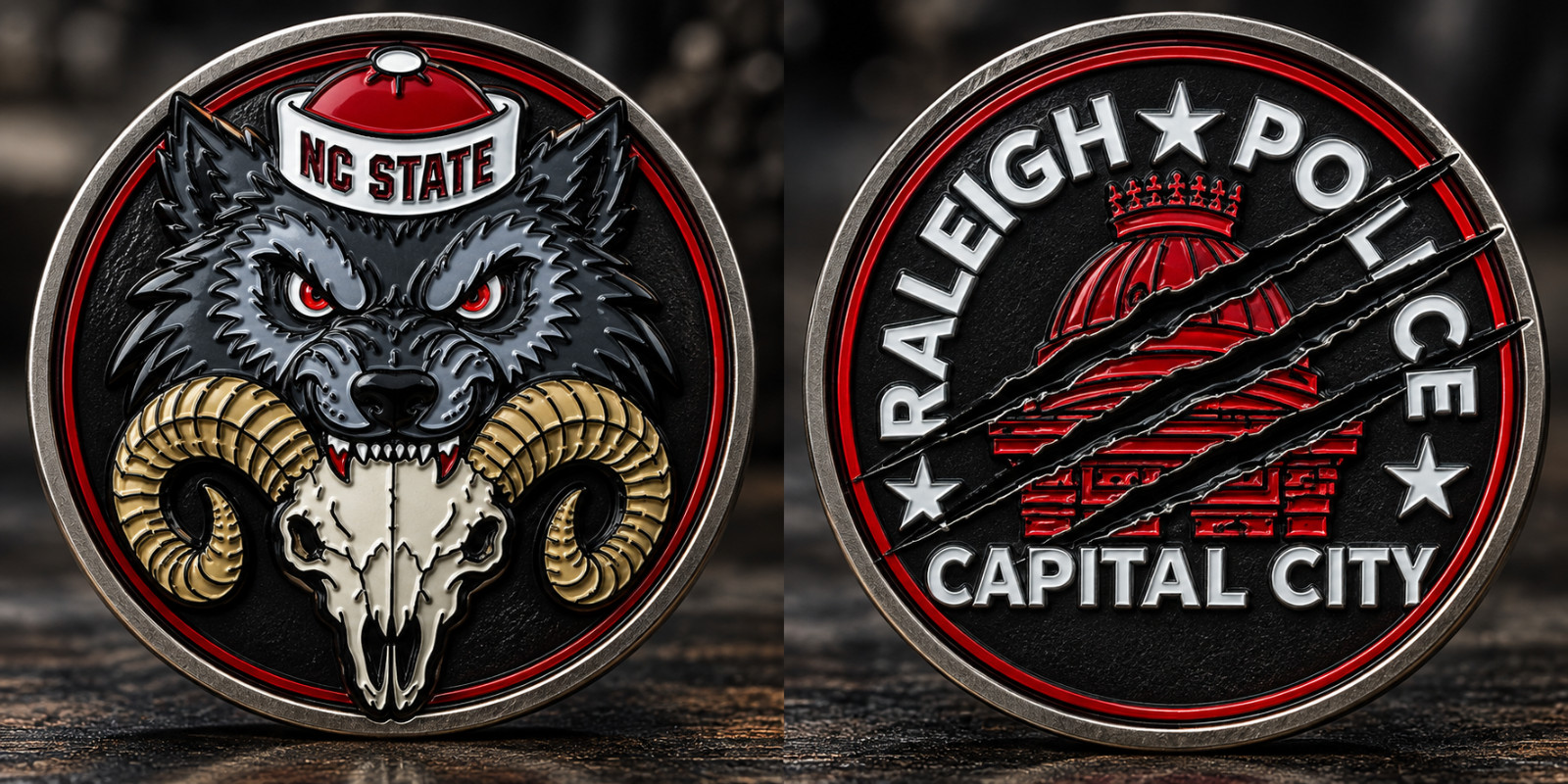 NC State Wolf Ram Skull Raleigh Police Challenge Coin, North Carolina Horror NC State Wolf Ram Skull Raleigh Police Challenge Coin, North Carolina Horror