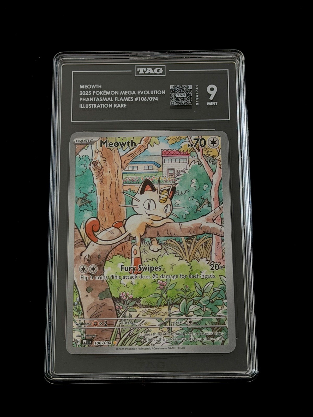 2025, Meowth, #106, Mega Evolution, Phantasmal Flames, Illustration Rare, TAG 9