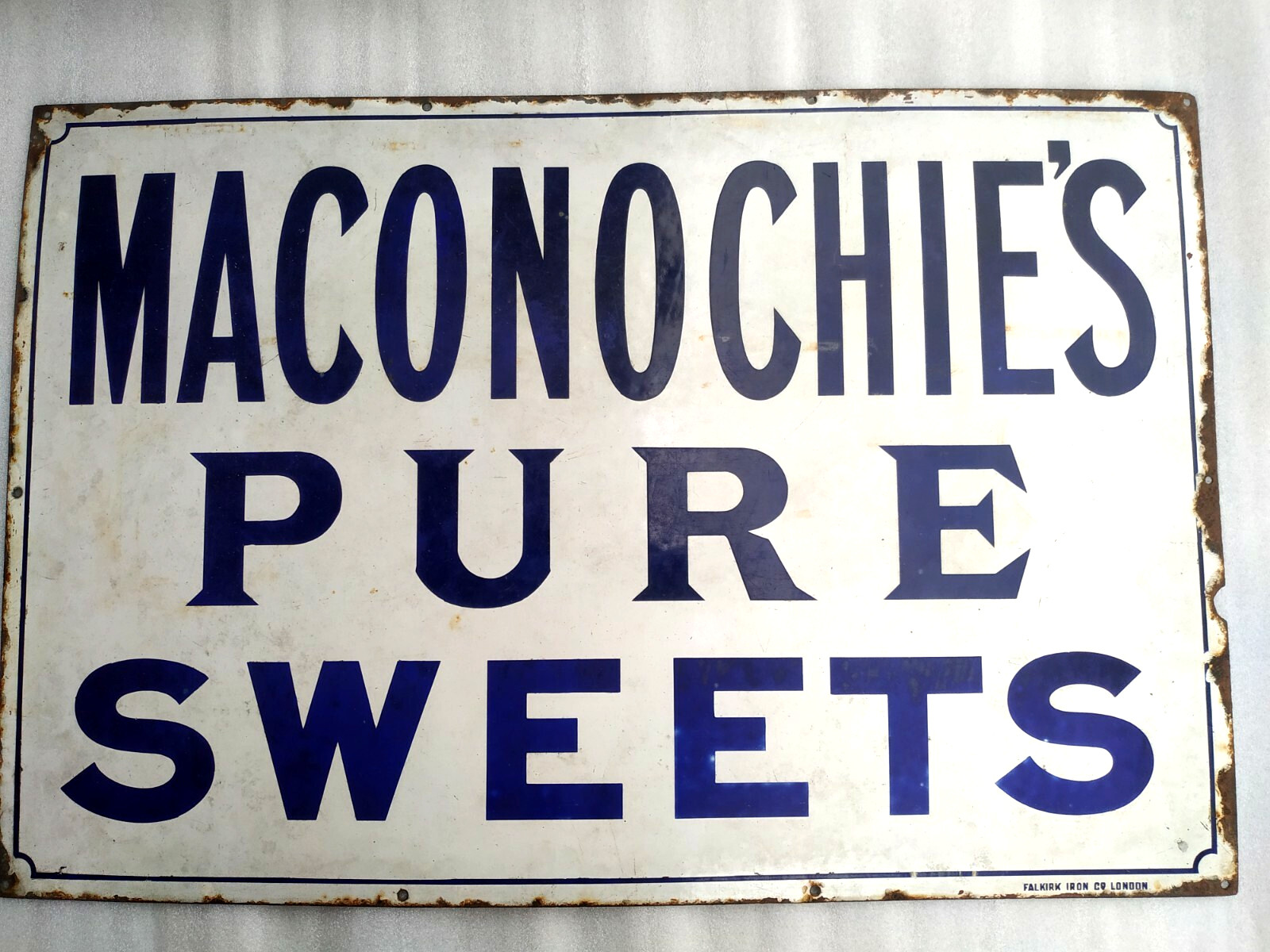 VINTAGE PORCELAIN ENAMEL SIGN MACONOCHIES PURE SWEET FALKIRK IRON CO LONDON 1920