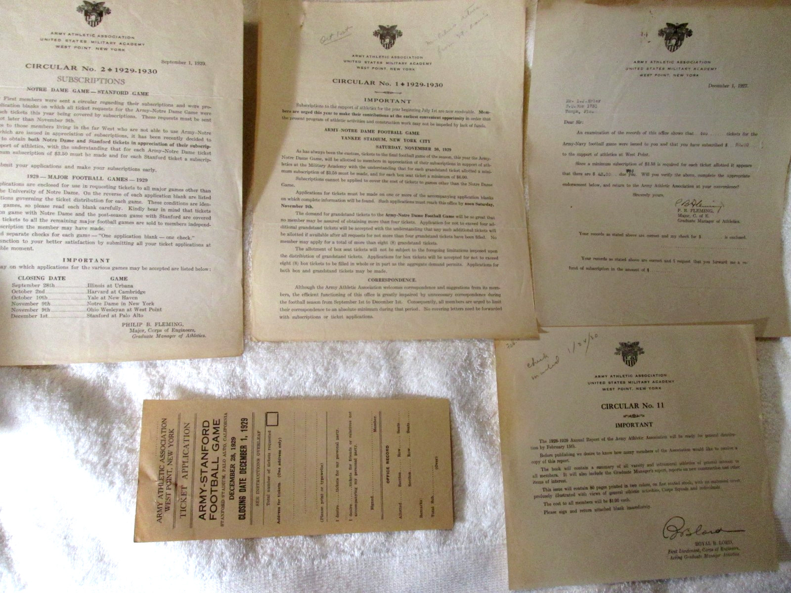 1929 West Point US Military Academy Army Stanford Football Game Ticket Documents