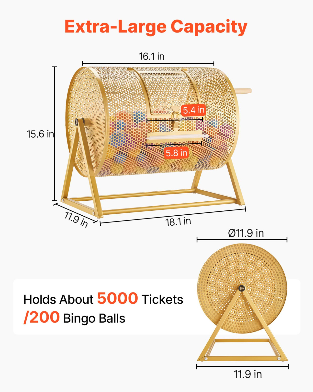 Large Raffle Ticket Spinner Drum Holds 5000 Tickets 200 Balls Gold Cage