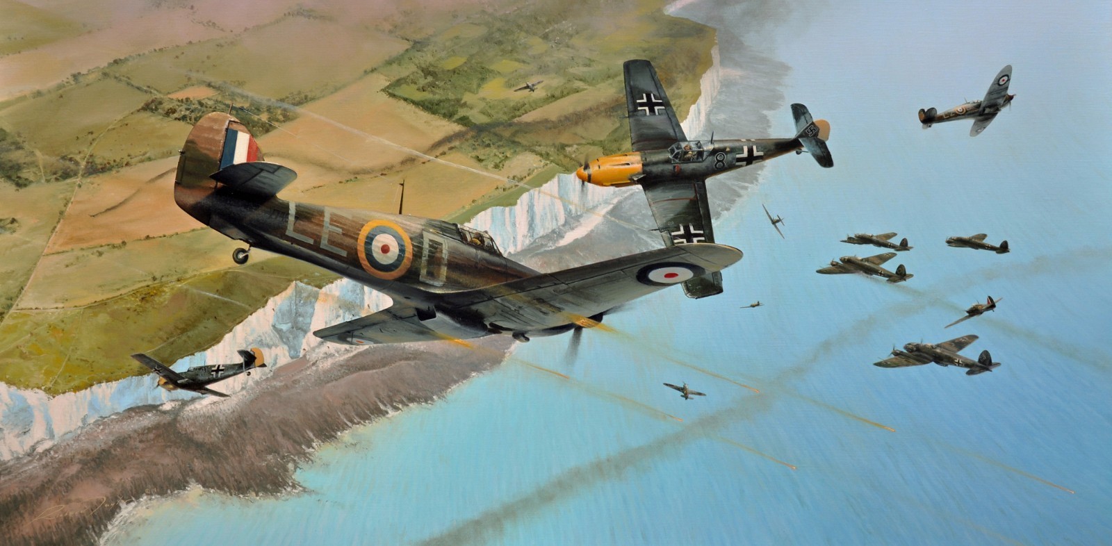 Into the Fray by Richard Taylor aviation art signed by two WW2 Hurricane pilots