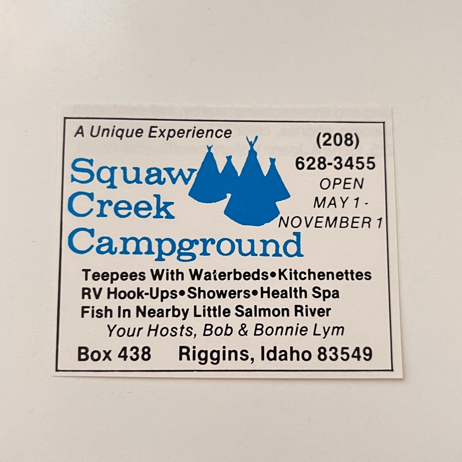 Squaw Creek Campground Bob & Bonnie Lym Riggins 1979 Idaho Ad TAK2-S61 Squaw Creek Campground Bob & Bonnie Lym Riggins 1979 Idaho Ad TAK2-S61