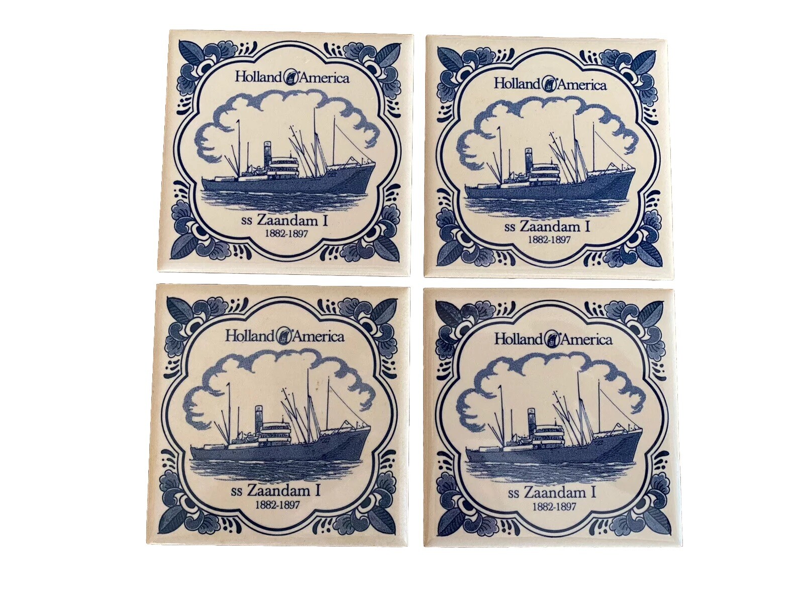 Vintage Holland America Cruise Line Blue Delft Zaandam I Coasters Corked Back 4