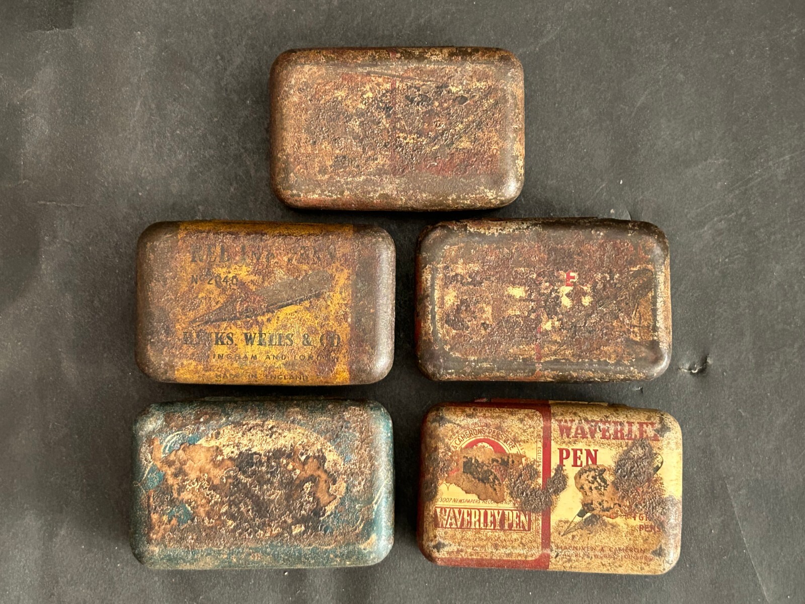 OLD VINTAGE  WAVERLEY PEN ADVERTISING SIGN EMPTY IRON SMALL TIN BOX'S. 5 PCS LOT