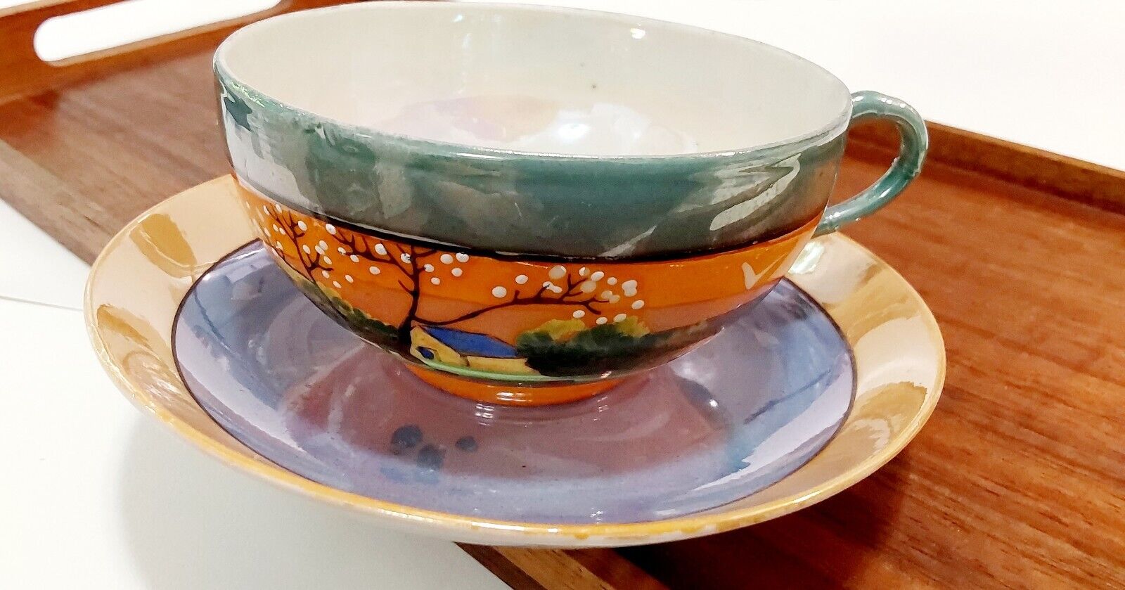 LUSTERWARE - Hand Painted Lusterware Lake House Tea Set Cup&Saucer Made In Japan
