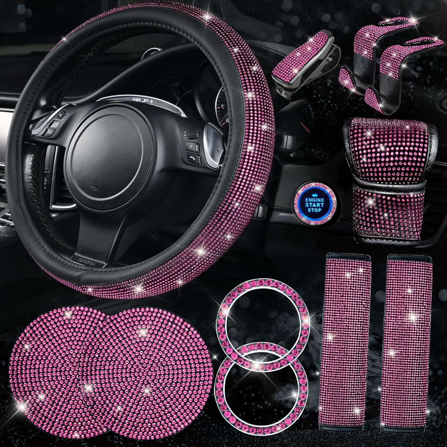 Steering Wheel Cover Sets 11 PCS Bling Diamond Car Accessories for Women Pink