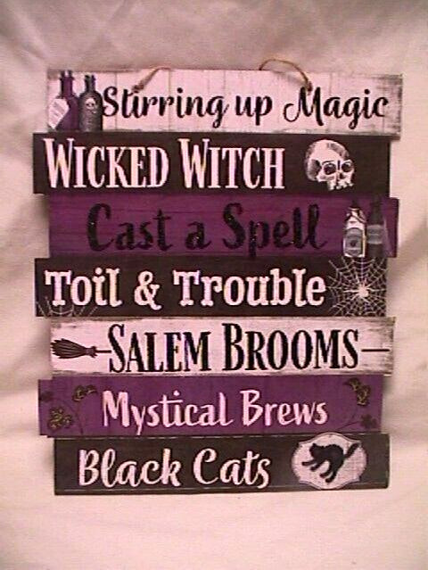 STIRRING UP MAGIC Salem Broom CAST A SPELL Wall DOOR SIGN purple wicca halloween