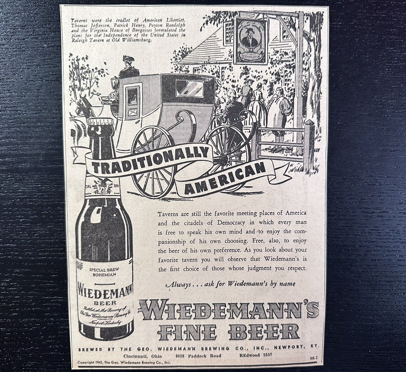 1943 Geo Wiedemann Brewing Co Beer Taverns Newspaper Ad WWII WW2 Newport KY
