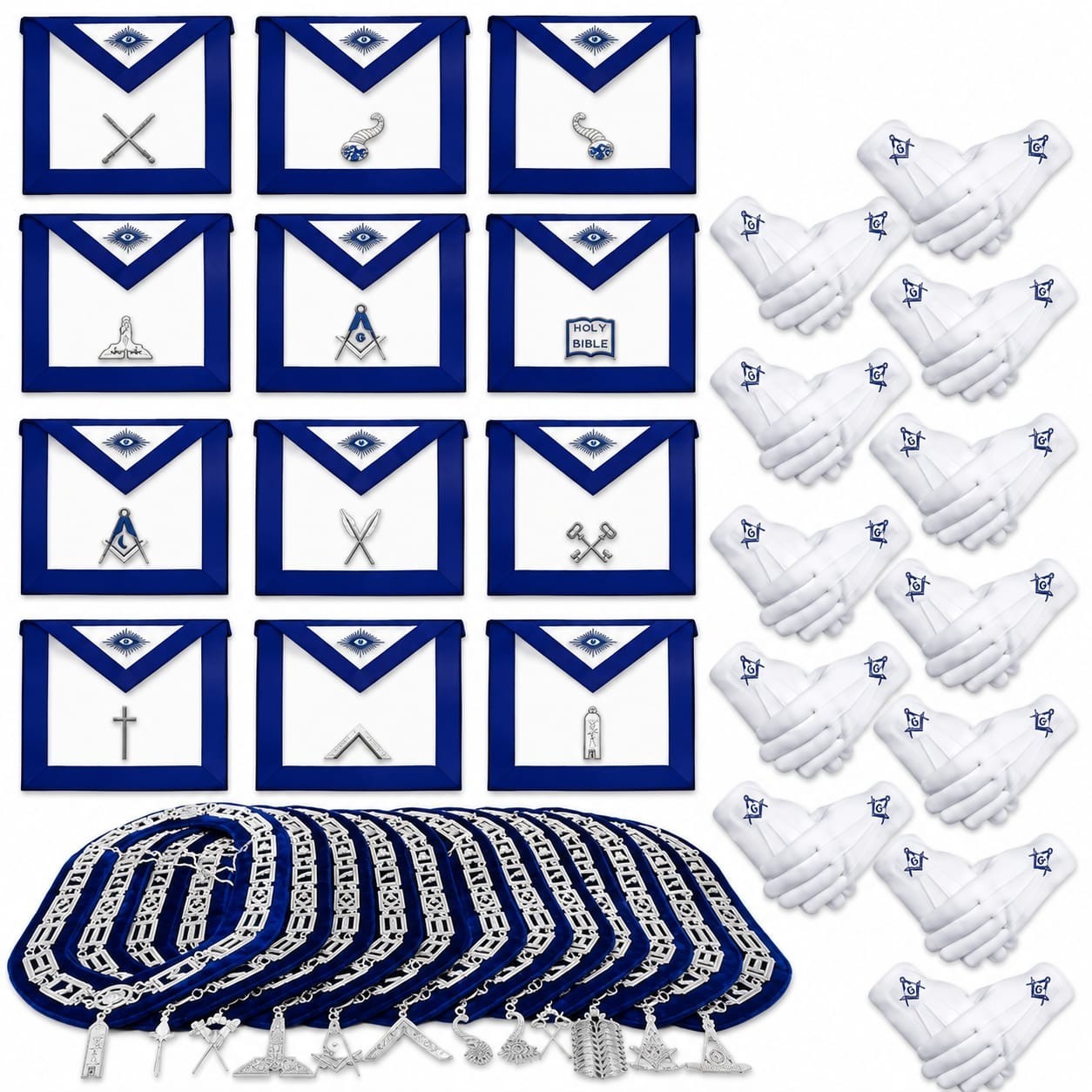 Masonic Blue Lodge Officer Regalia Set 12 Aprons Chain Collars Jewels & Gloves
