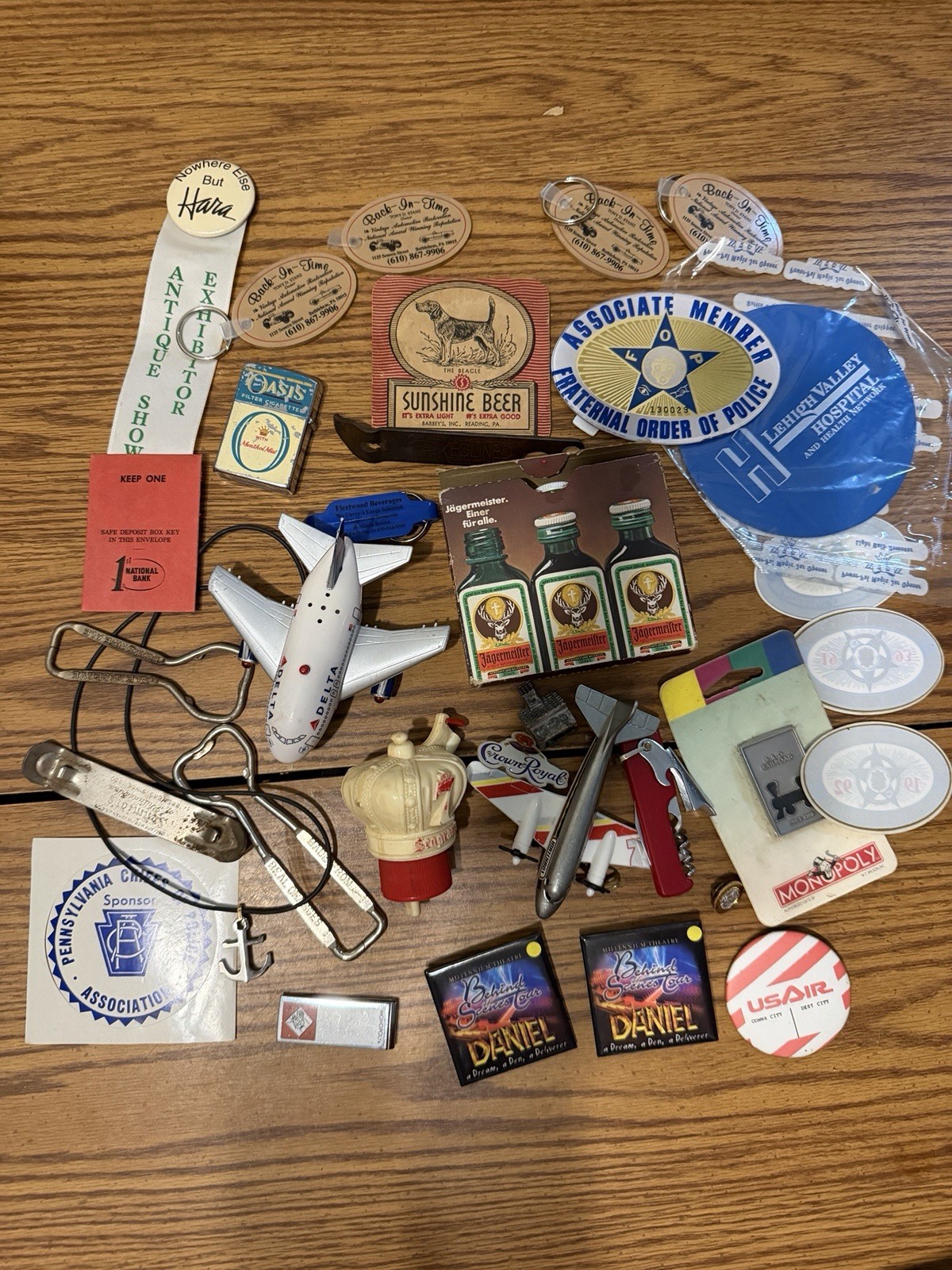 Miscellaneous Junk Drawer Lot Lighter Stickers Advertising Ephemera Pins Plane