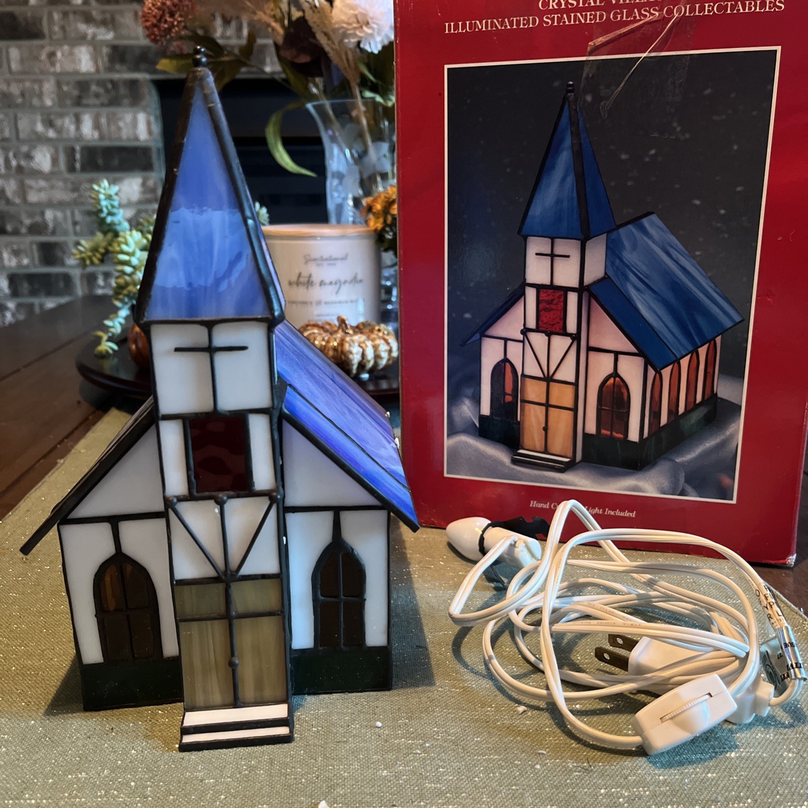 1994 Crystal Village Church Illuminated Stained Glass Collectibles Hand Crafted