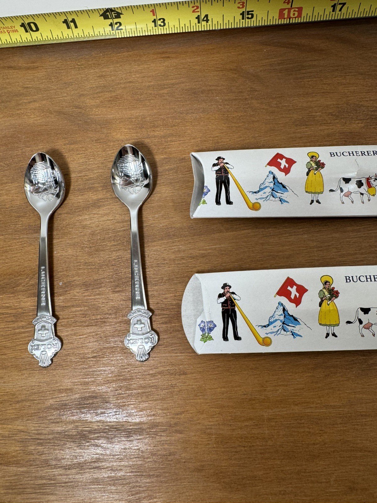 Vintage Bucherer Rolex Lucerne Switzerland Souvenir Spoons Set of 2 with Sleeves