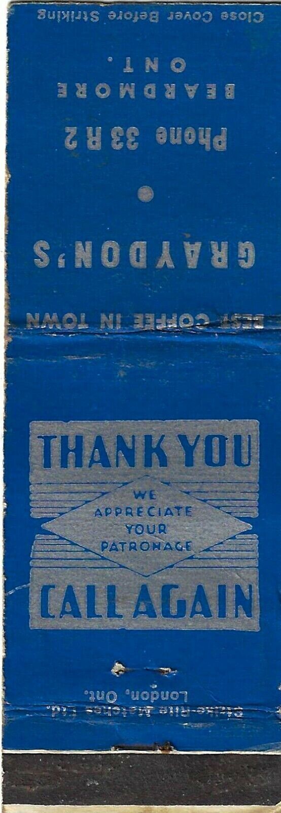 Vintage Matchbook Cover Graydon\'s Best Coffee Phone 33 R 2 Beardmore Ont..