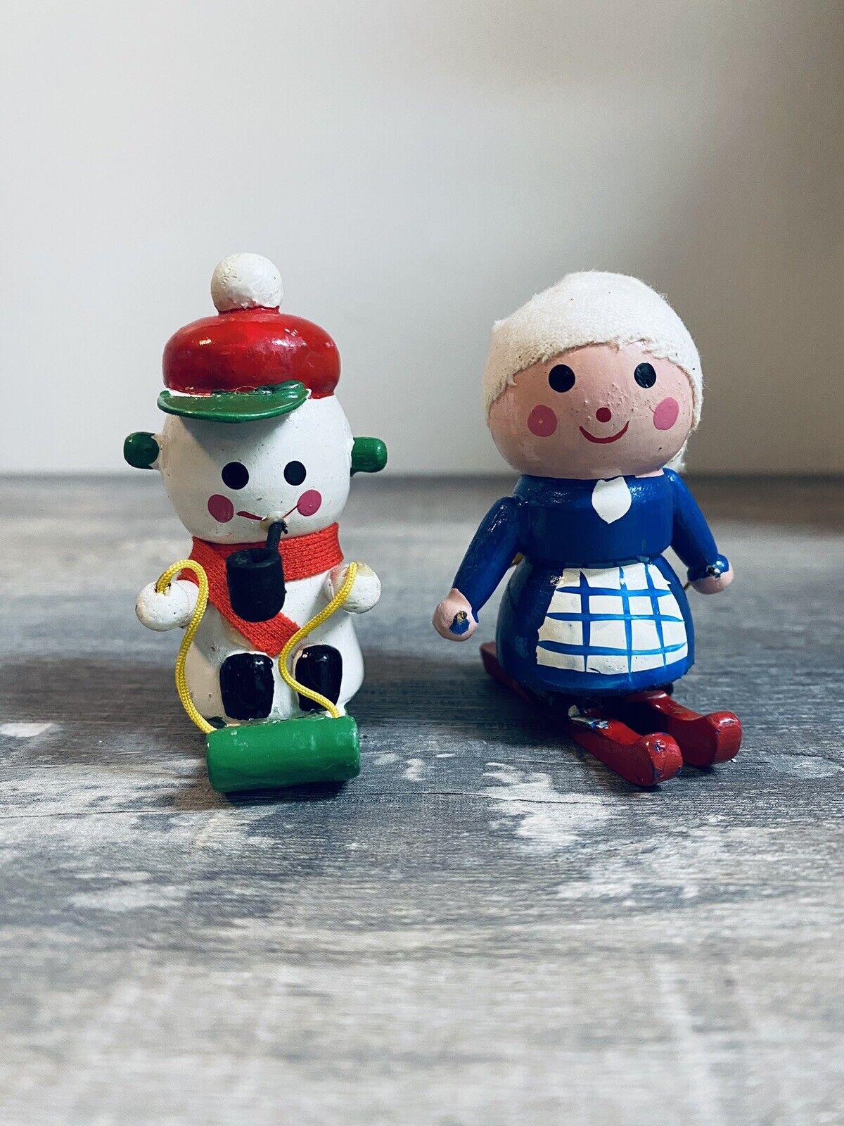 2 Vintage 1960s Wooden Christmas Figures Snowman Sled Skiing