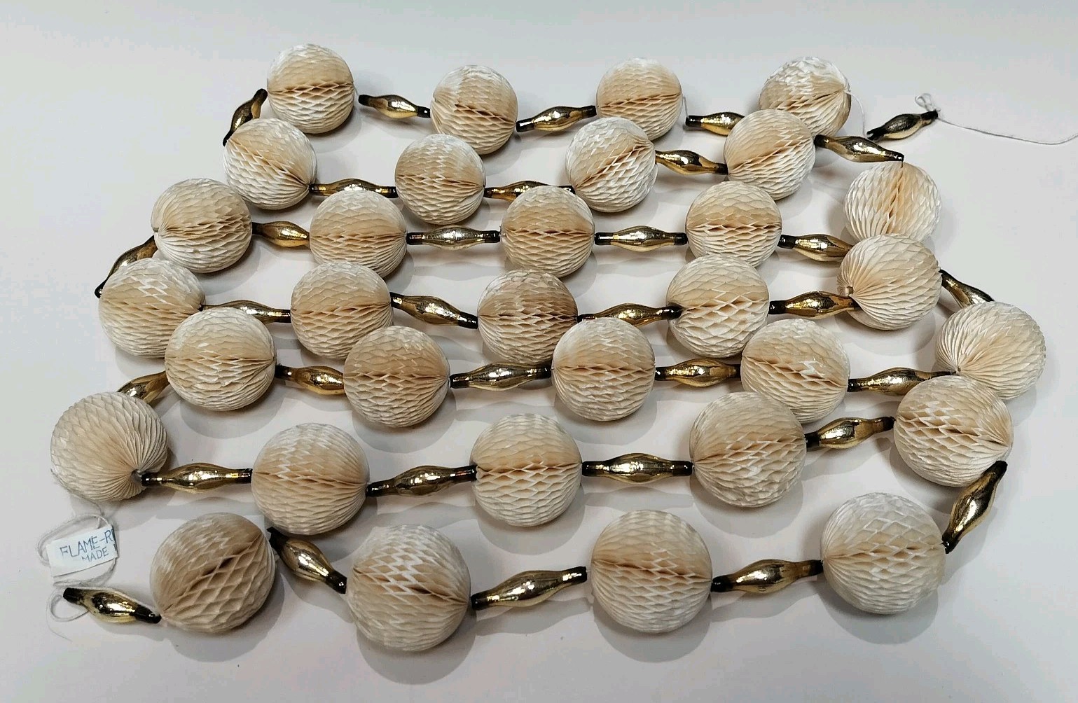 Vtg Christmas Tree Garland Honeycomb & Mercury Glass Beads Crepe Paper Gold