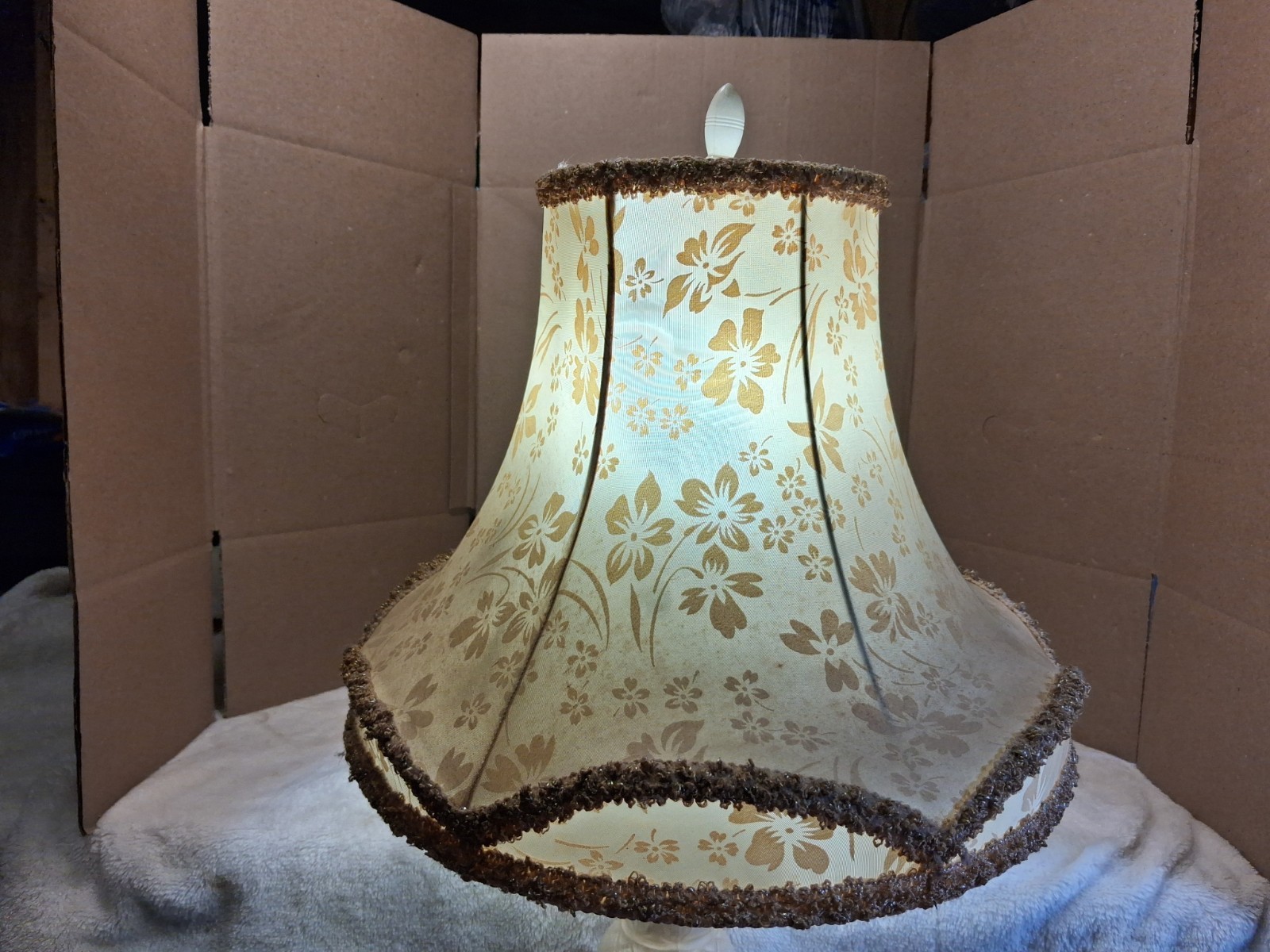 Vintage Victorian Floral Brocade Off White Satin Lamp Shade W/Fringe Trim