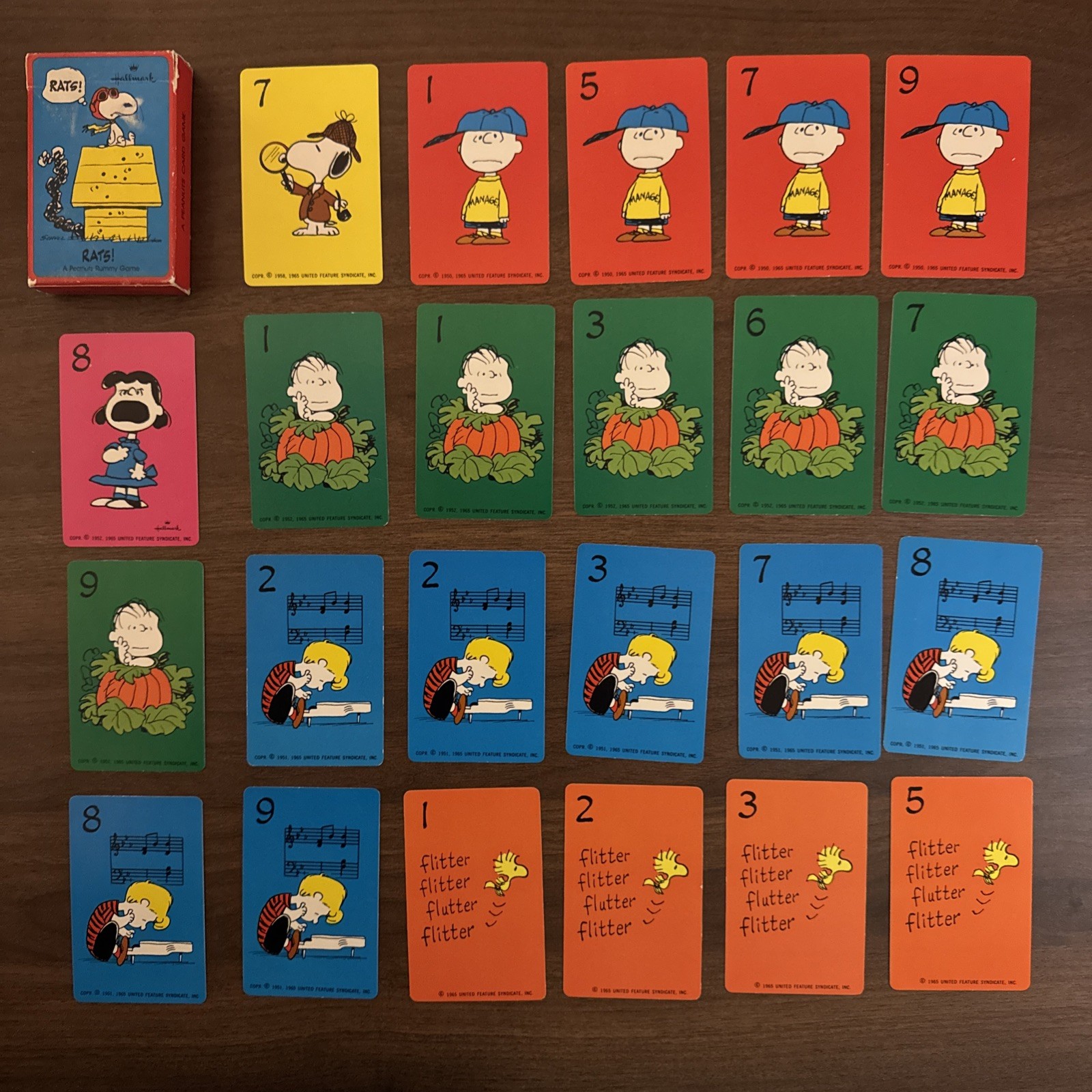 (28) 1975 Hallmark Rats Peanuts Card Game; Snoopy+; Lot of 28 + Box