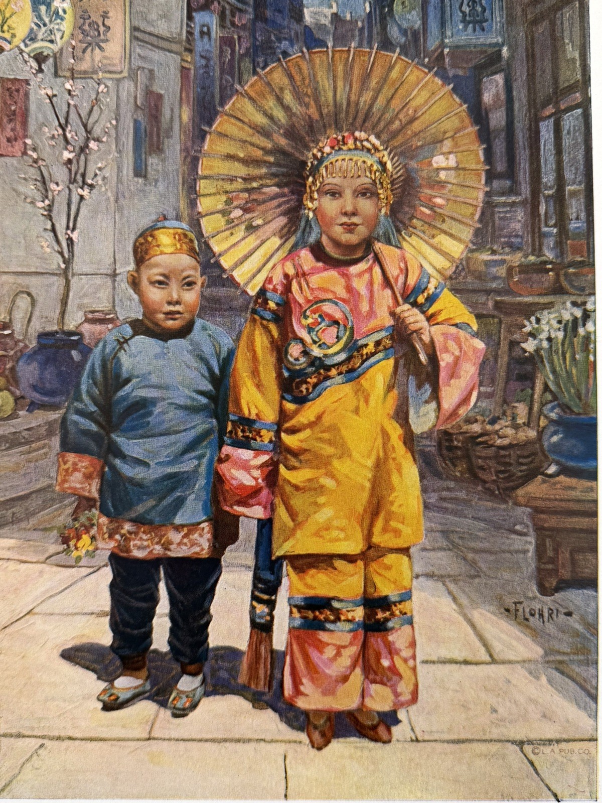 Antique Emil Flohri Chinese Children Lithograph c.1910s-20s Chinatown Art